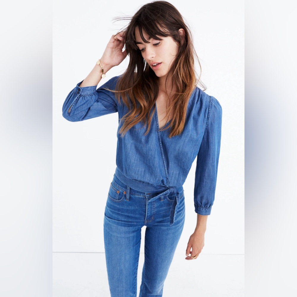 madewell wrap / kimono style fitted denim quarter sleeve top